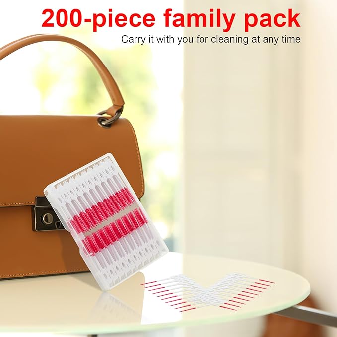Dental Floss Picks, 200 Count, Soft Rubber Brush Head, Interdental Brushes with Convenient Carry Case,Dual-Ended Toothpick Travel Teeth Cleaning Tools (Red)