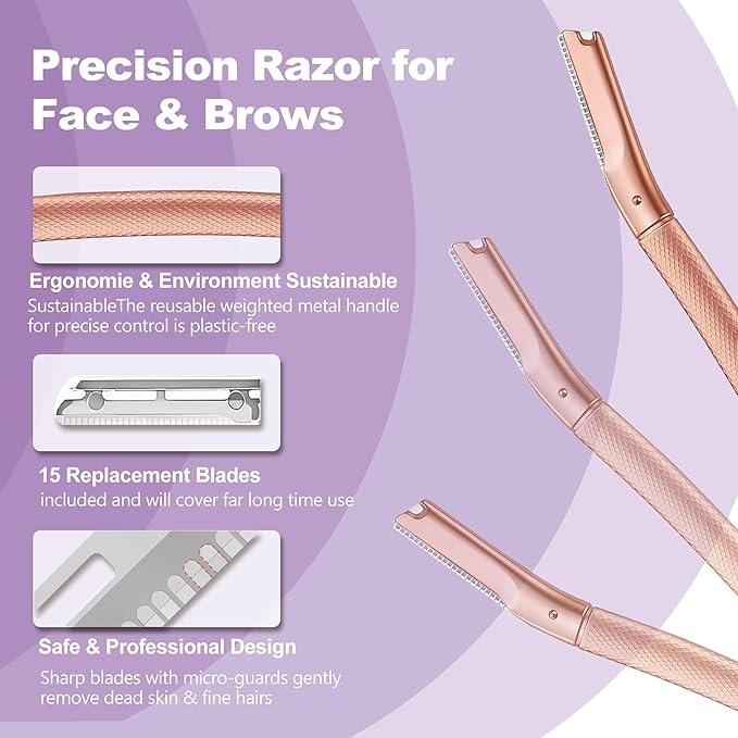 Eyebrow Razor with 16 Blades, Metal Razors for Women and Men,Dermaplane Razor for Women Face, Facial Hair Removal for & Eyebrow Hair Removal (Rose Gold)