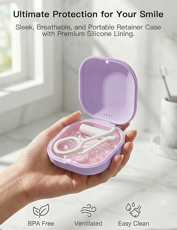Retainer Case with Vent Holes, Aligner Case for Invisalign, Portable Aligner Kit, Removable Silicone Liner, Orthodontic Storage Box Secure Magnetic Closure for Travel - Purple