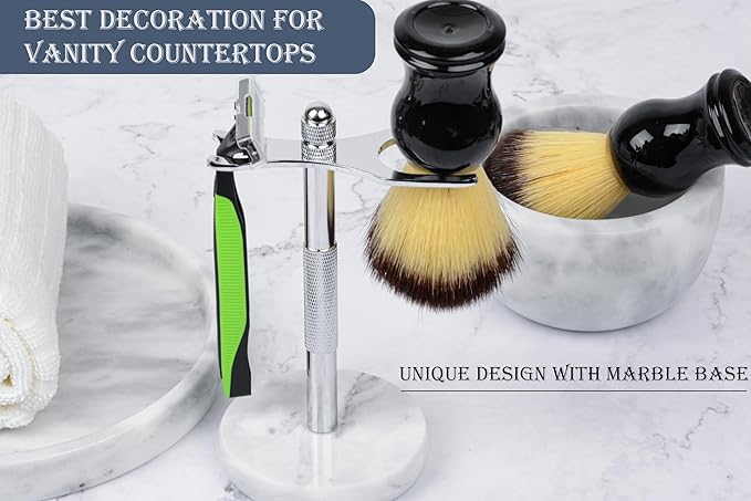 Razor and Brush Stand,Marble Base Razor Holder is More Stable,the Base Will Not Rust and the Fitted Protective Spacer Protects Your Countertop.Better Decoration as a Gift(White)