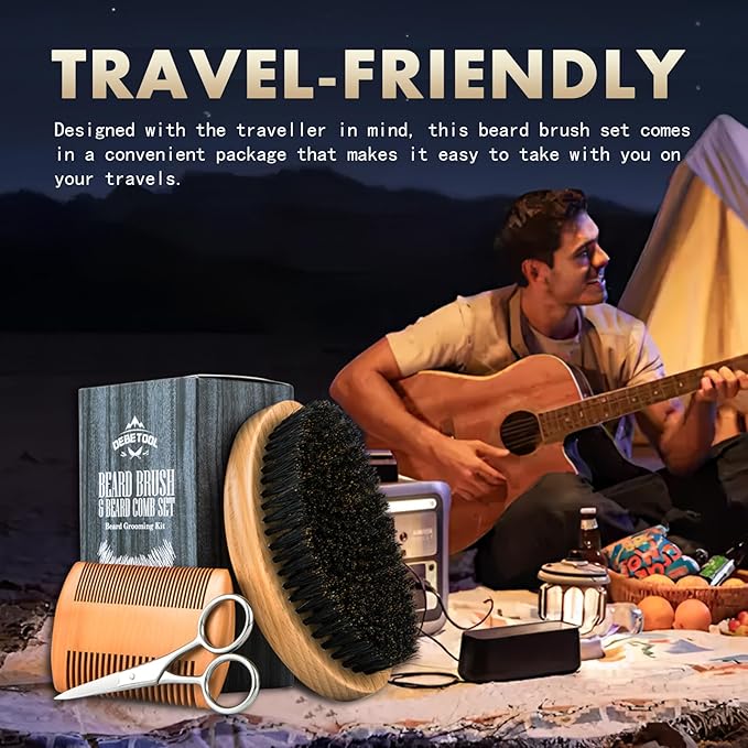 Boar Bristle Beard Brush for Men - Wooden Beard Brush and Comb Set with Beard Scissors, Pocket Travel Men's Wooden Mustache Brush for Beard Care