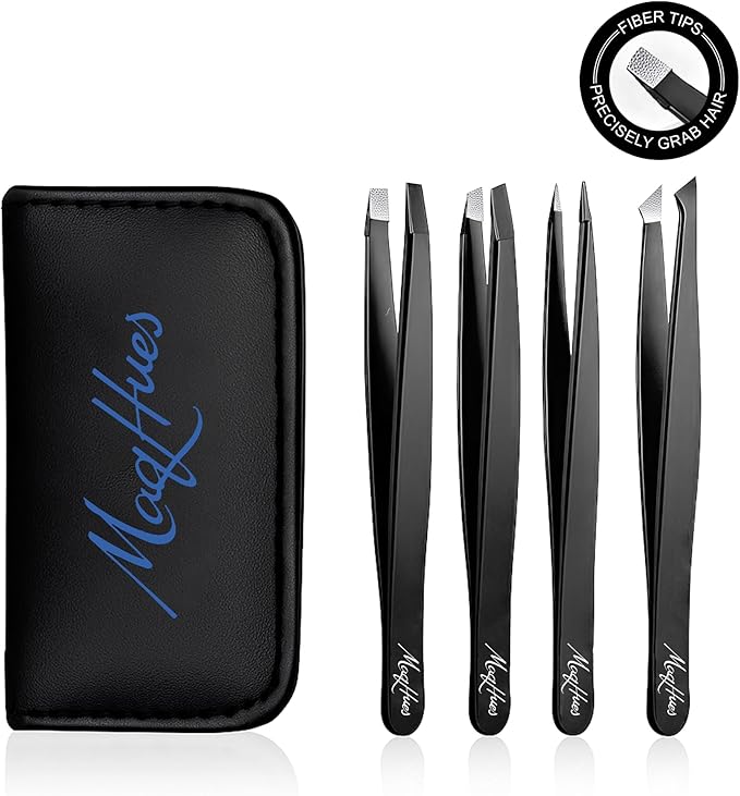 Fiber Tip Eyebrow Tweezers Set for Women & Men, 4 Pcs Professional Stainless Steel Tweezer Kit with Slant, Pointed, Flat & Pointed-Slant Tips for Facial Hair & Eyebrow Removal (Black)