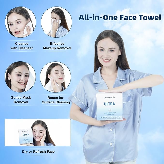 Clean Face Towels XL, Ultra Ed., 10"×12" Biobased Facial Towels, Disposable Face Towelette, Makeup Remover Dry Wipes, Thicker Textured for Skin Care, Clean Skin, 200 Count (4 Pack)