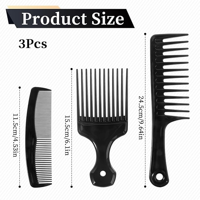 3 PCS Afro Comb, Wide Tooth Comb and Pocket Combs for Men Set, Big Tooth Comb Detangling Carbon Fiber Comb Set, Beard Pick Hair Combs for Men Barber Brush Tool for Beard, Long, Thick, Curly Afro Hair