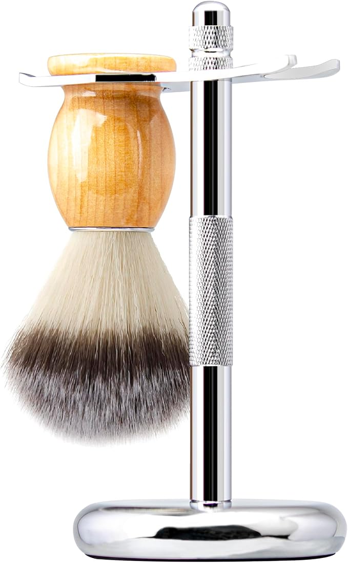 Safety Razor and Brush Stand Holder with Synthetic Hair Shaving Brush with Solid Wood Handle Prolong The Life of Your Shaving Brush