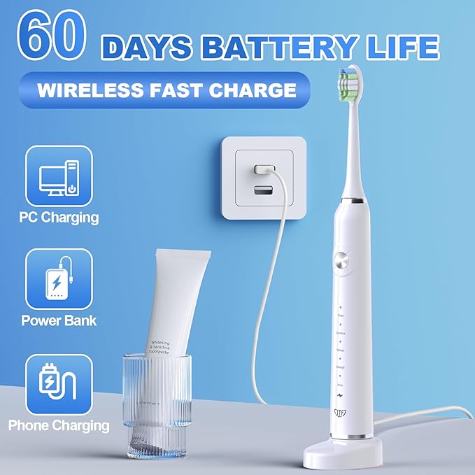 JTF Sonic Electric Toothbrush for Adults: 5 Customized Modes for Effective Yet Gentle Cleaning, 2 Types of Heads for Sensitive Teeth & Braces - with Travel Case and Wireless Charging for Daily Care