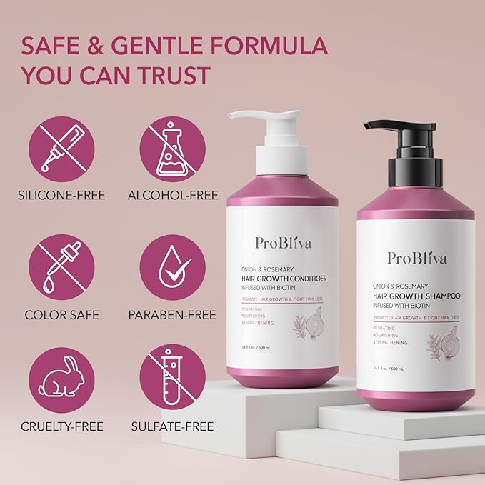 ProBliva Hair Growth Shampoo and Conditioner Set: Onion, Rosemary and Biotin Shampoo & Conditioner for Thinning Hair and Hair Loss – Strengthens, Nourishes & Promotes Thicker Hair and Healthier Scalp