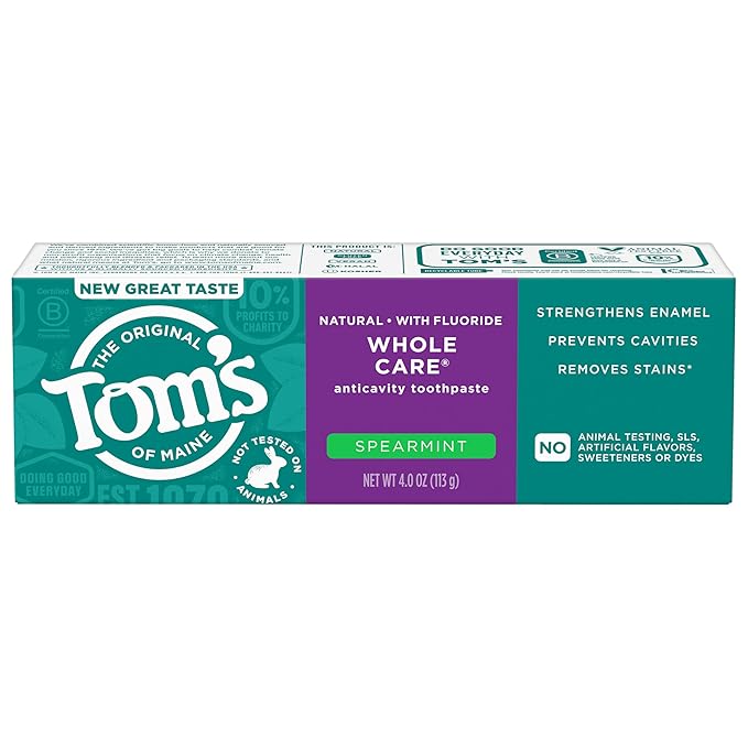 Tom's of Maine Whole Care Natural Toothpaste with Fluoride, Spearmint, 4 Ounce (Pack of 3), (Packaging May Vary)