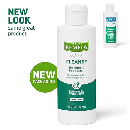 Medline Remedy Essentials Shampoo and Body Wash (4 fl oz), Full Body Cleanser with Aloe, For Adults & Elderly, Easy Rinse Gel for Bath, Shower or Bedside Bathing