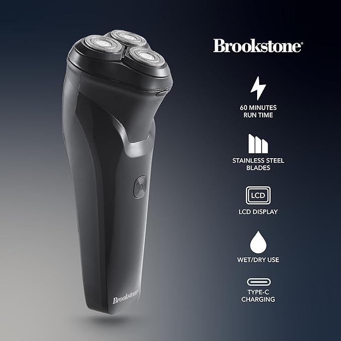 Brookstone - 3-Head Flex Rotary Shaver, Precise Shaving with Pivoting Heads & Rechargeable Battery for a Smooth Finish (Black)