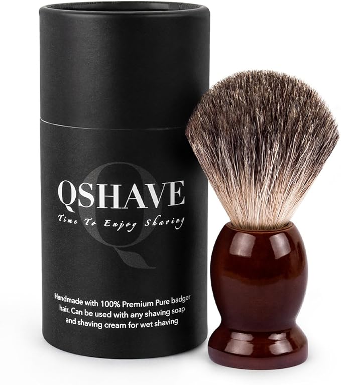 QSHAVE 100% Best Original Pure Badger Hair Shaving Brush Handmade. Real Wood Base. Perfect for Wet Shave, Safety Razor, Double Edge Razor