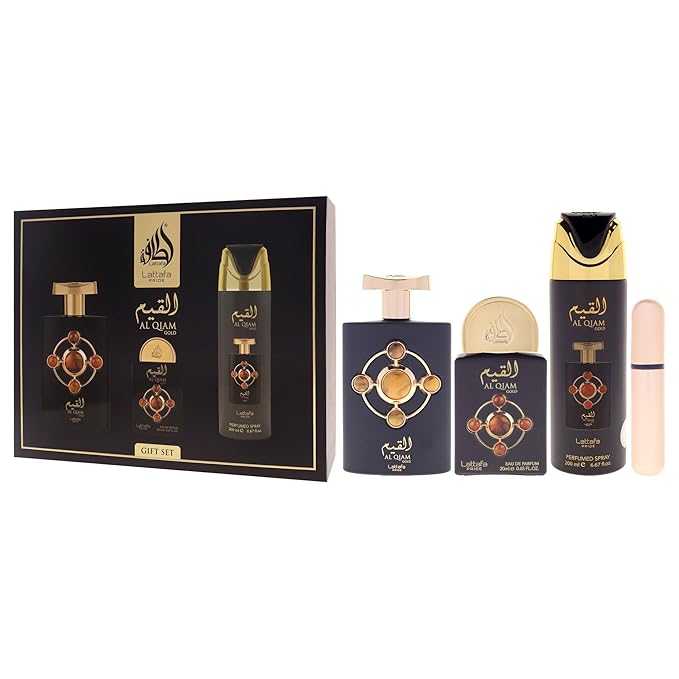 Lattafa Pride - Al Qiam Gold for Men - 3 Pc Gift Set 3.4oz EDP Spray, 6.67oz Perfumed Body Spray, 0.67oz EDP Spray