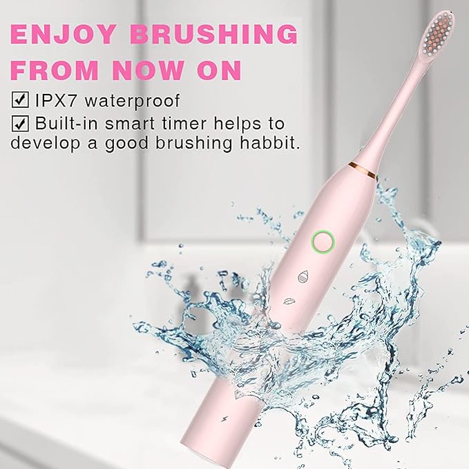 Electric Toothbrush for Adults, Rechargeable Electric Toothbrush with 8 Brush Heads, 42000vpm 6 Modes IPX7 Waterproof, 2 Pack Soft Electric Toothbrush, Black Pink
