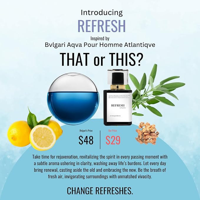 REFRESH | Inspired by BVLG AQVA POUR HOMME ATLANTIQVE | Pheromone Perfume for Men | Extrait De Parfum | Long Lasting Dupe Clone Essential Oils Fragrance | Perfume De Hombre | (50 ml / 1.7 Fl Oz)