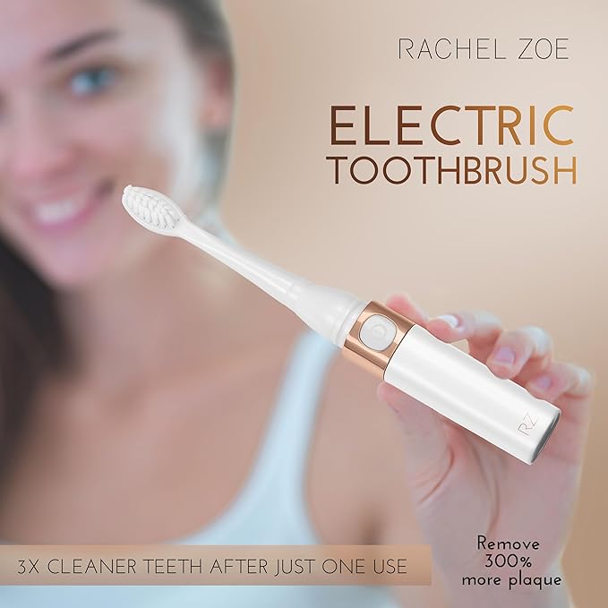 Rachel Zoe Portable Electric Toothbrush for Adults, Battery Operated Compact Sonic Tooth Brush for Trips, Waterproof Travel Toothbrush with Cover, 2 Removable Brush Heads Included, Pink/Rose/Gold