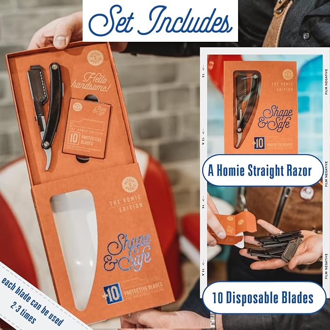 Homie Patented Straight Edge Razors for Men, Close Shaving Razor for Beard with 11 Disposable Blades, Easy to Use and Replace Single Edge Razor Blades with Protective Layer & Safety Lock - Black Zebra