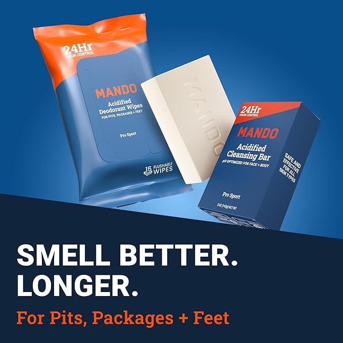 Mando Whole Body Deodorant 3 Piece System - 2.6 oz Smooth Solid Stick, 5.0 oz 4in1 Acidified Cleansing Bar, & 15 ct Deodorant Wipes - Aluminum & Baking Soda Free Odor Control - 3 pc Bundle (Pro Sport)
