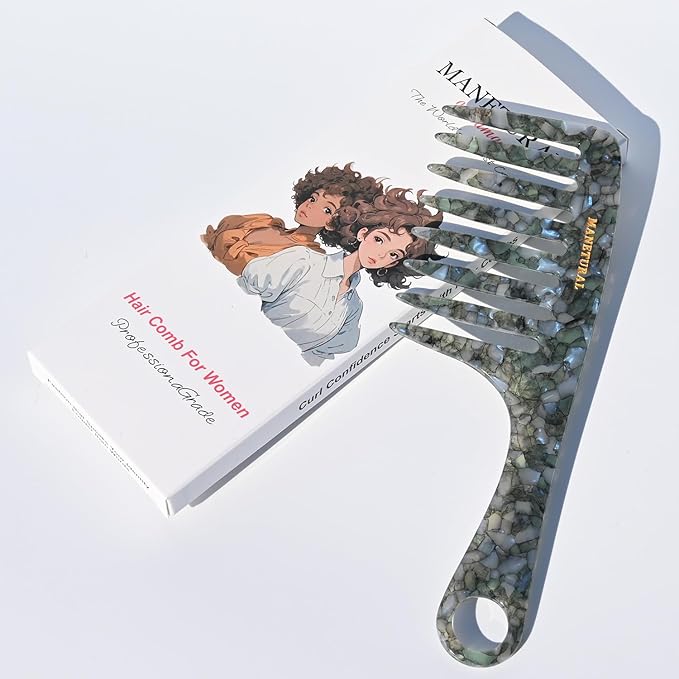 D1 | wide tooth comb 7.4"for easy portability. Suitable for Women's/girl curly, curly and tight hair, the short handle design is easy to carry. Acetate comb (Stone pattern)