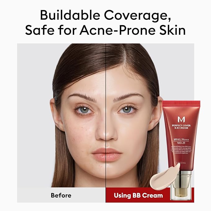 MISSHA M Perfect Cover BB Cream No.21 Light Beige - Light with Cool Undertone SPF 42 PA +++1.69 Fl Oz - Tinted Moisturizer for face with SPF