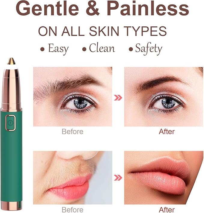 Eyebrow Trimmer for Women - Electric Eye Brow Razor with LED Light Painless & Easy Clean for Eyebrows Face Nose Ear Hair Chin Lips Peach Fuzz Bikini Lines & Other Detailing - Battery Operated (Green)