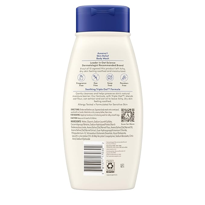 Aveeno Skin Relief Body Wash, Fragrance-Free with Triple Oat complex, Gentle Daily Cleanser for Sensitive Skin Leaves Itchy, Dry Skin Feeling Soothed & Moisturized, Soap-Free, 18 fl. oz