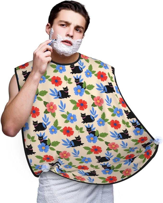 Beard Trimming Catcher Apron, Waterproof Non-Stick Grooming Bib for Shaving, Ideal for Men Dad Father’s Day, Halloween Black Cats Flowers Floral Shave Bib