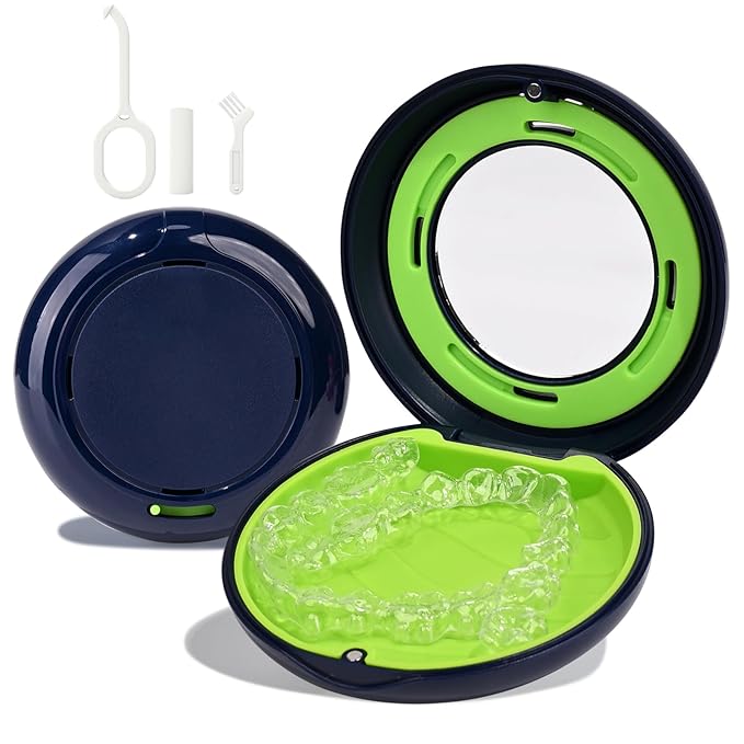 HEMILAB® Retainer Case, Slim Aligner Case with Mirror, Compatible with Invisalign, Cute Retainer Orthodontic Box with Vent Holes, Blue