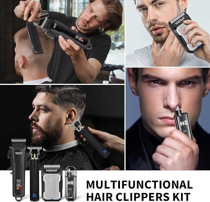 HIENA PRO Cordless Hair Clippers for Men, Professional Barber Kit - Beard Trimmer, Aluminum Foil Shaver, Nose Trimmer, 10 Limit Combs - Fast Charge, Smart LED Display (Clippers/Trimmer)