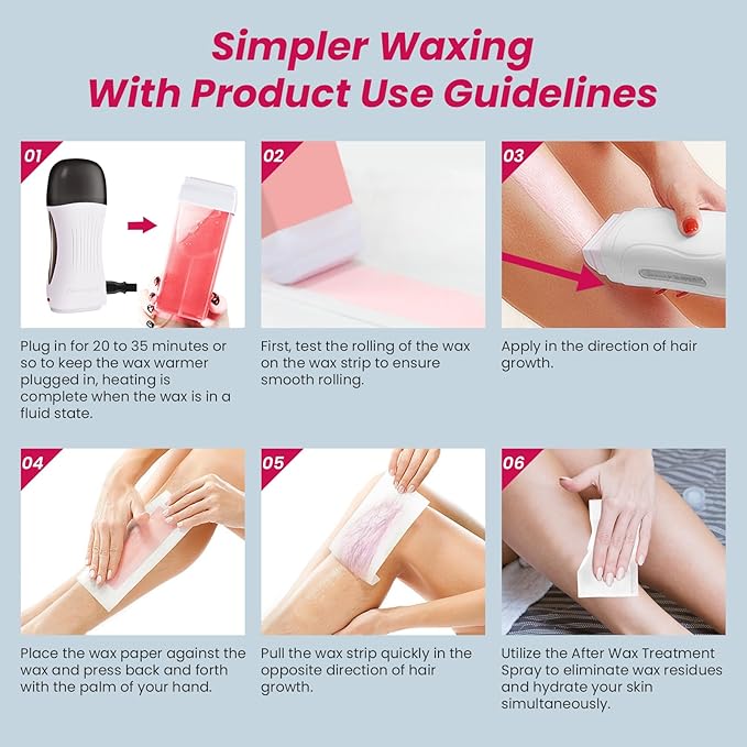 Roll On Wax Kit, Portable Wax Roller Kit for Coarse/Fine Hair Removal, Beginners Waxing Roller for All Skin Types with 3 Pcs 100g Roll Cartridge, 100 Non-Woven Strips & 10 After Oil Wipes (F8_White)