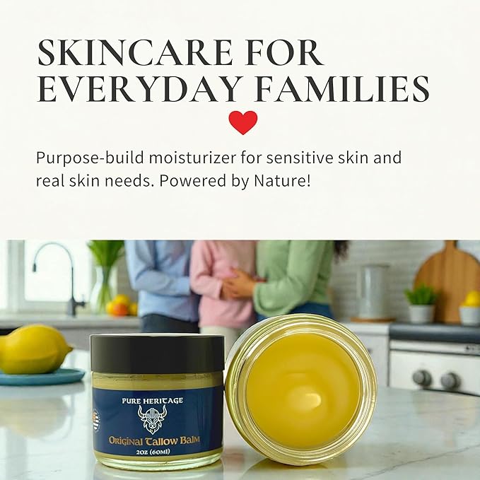 Pure Heritage Original Tallow Balm – Grass-Fed Moisturizer for Sensitive, Dry & Irritated Skin | Natural Frankincense & Cedarwood Balm for Face, Hands & Body | Family-Safe Hydrating Cream | 4oz