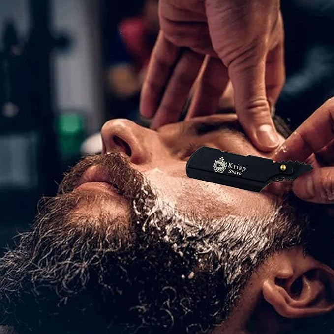 Professional Straight Razors For Men, Barber Razors Straight Edge Razor Kit For Close Shaving - Beard Cut Throat Finger Razor Safety Shavette With 10 Shaving Blades By Krisp Beauty (Black)
