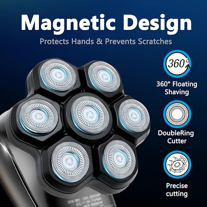 Magnetic 7D Head Shaver Replacement for Bald Men, Universal 7 Blades Floating Head for Electric Rotary Shaver, Razor Head with Brush Accessories