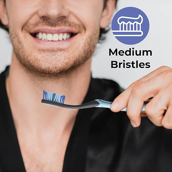 Reach Toothbrush, Medium Bristles, Contoured Handle | Multi-Angled Bristles | Tongue Scraper | Includes Covers | 12 Count Total