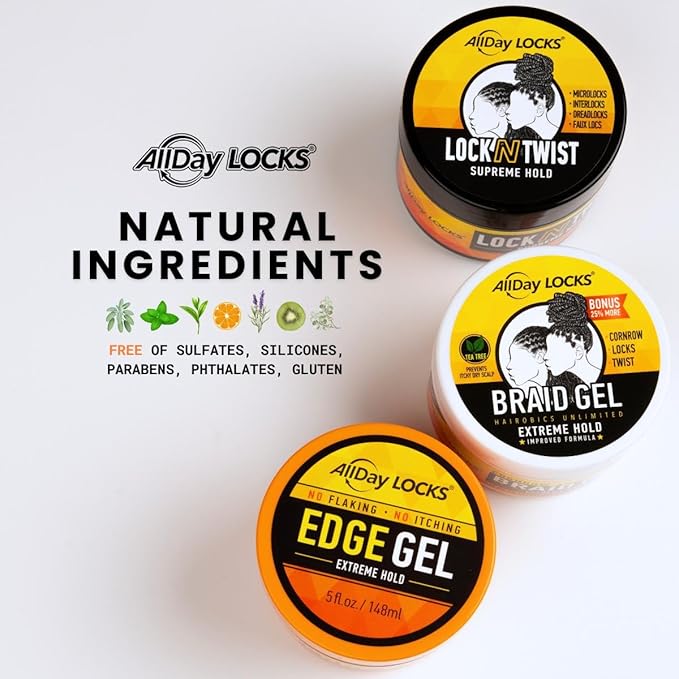 AllDay Locks Braid Gel (5 oz) | Extreme Hold, High Shine | Frizz & Flake-Free Edge Control | Tea Tree, Lavender, Peppermint Oil | Slick & Style Braids, Locks, Twists, Cornrows | 5 oz