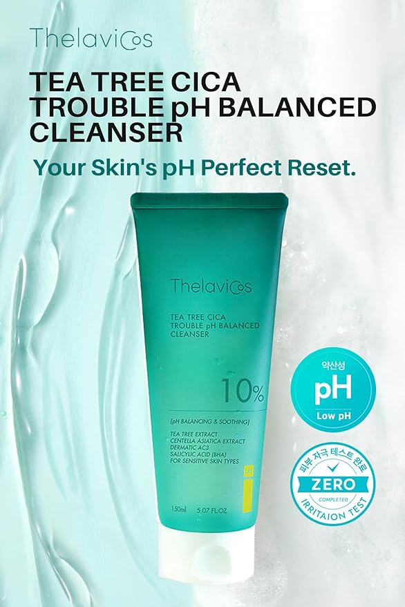 Tea Tree Cica Trouble pH Balanced Cleanser – K-Beauty Soothing Face Wash with BHA/PHA for Acne & Sebum Control | Hypoallergenic, Low pH Cleansing Gel for Sensitive Skin