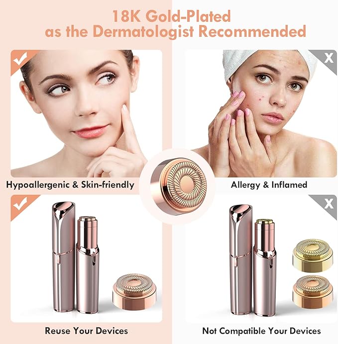 Replacement Heads for Flawless Facial Hair Remover, Replacement Blades for Finishing Touch Flawless Hair Removal Gen 2, 6 Count 18k Gold Heads with Storage Bag