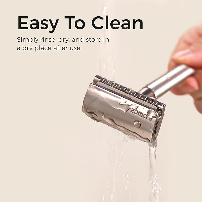 ZOMCHI Double Edge Safety Razor Kit for Men & Women, Reusable Metal Razor with Stand and 10 Blades, Eco-Friendly Plastic-Free Shaving - Matte Silver