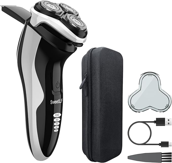 Waterproof Men’s Electric Shaver with Travel Case, Powerful & Quiet, Type C Fast Charge (60min Charge, 120min Use), Precision Trimmer (Black)