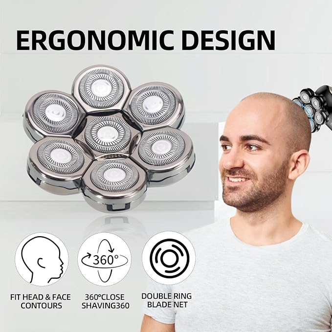 Replacement Heads Compatible with Shpavver,Men's Electric Trimmer Blades,Precision Cutting,1PCS,7D Blade Heads for Wet & Dry Use,Silver,1PC(Head ONLY)