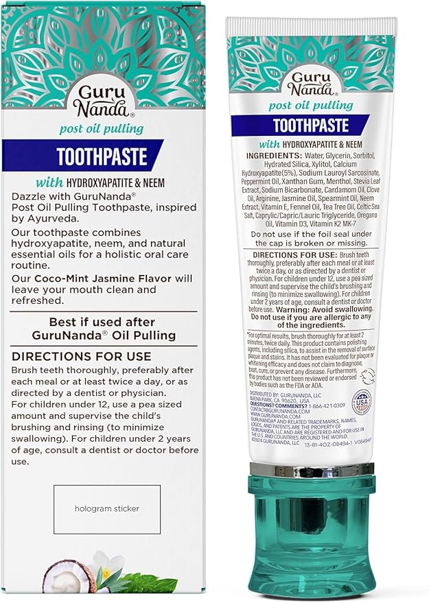 GuruNanda Hydroxyapatite Toothpaste, SLS & Fluoride Free, Whitening Toothpaste with Tongue Scraper & Squeezer - Freshens Breath, Fights Plaque - Natural CocoMint Jasmine Neem, 4.2oz