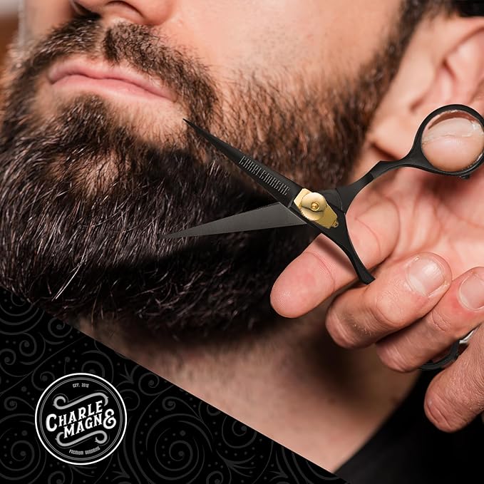 Charlemagne Hand-Forged Japanese Steel Beard & Mustache Scissors - 5.5in, Black - Precision Cutting & Beard Trimming Kit - Sharp Blades & Mustache Grooming Kit - Versatile Nose & Hair Scissors