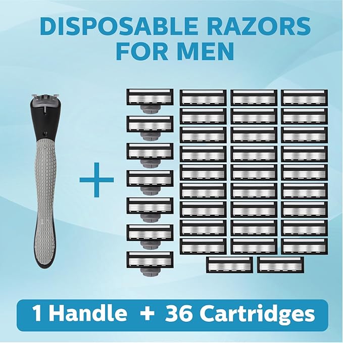 37 Pcs Refillable 5 Blade Disposable Razors for Men Sensitive Skin Razor Men's Disposable Refillable Razors Set Shaving Kit, 1 Razor Handle and 36 Cartridges