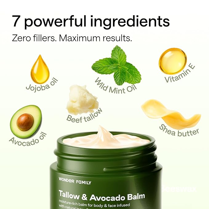 Beef Tallow & Avocado Balm for Skin & Face – Grass-Fed Beef Tallow with Avocado, Jojoba & Shea – Deep Moisturizer for Dry Skin – Includes Wooden Spatula & Pouch – For Men & Women