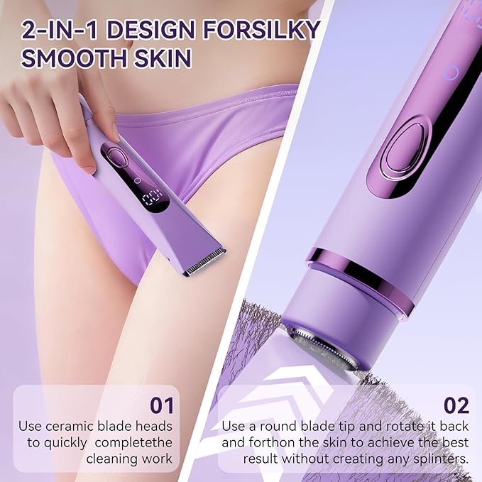 Bikini Trimmer for Women Electric–Double Head Dual Purpose, Ceramic Blade,IPX7 Waterproof,LCD Power Display,USB Rechargeable,Wet/Dry Painless Hair Removal for Face & Body (Violet)