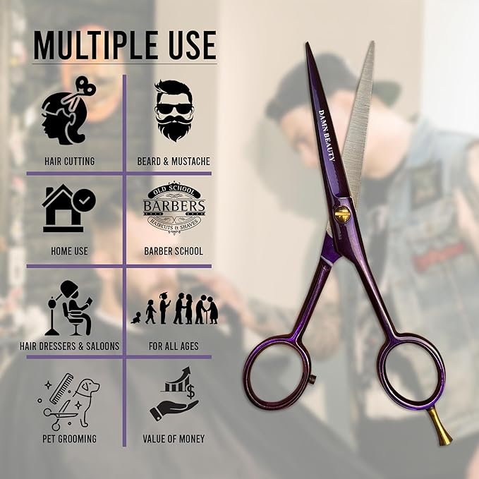 5.5" Professional Hair and Beard Scissor For Men & Women German Shears Use for Facial Hair, Trimming, Grooming, Cutting, and Styling of Beard (Purple)