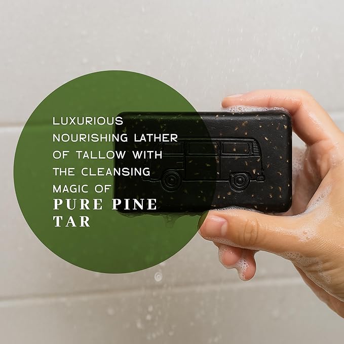VanMan Tallow & Pine Tar Soap Bar – Grass-Fed Beef Tallow with Organic Oatmeal, Charcoal & Essential Oils – Exfoliating Face & Body Soap, 3.8oz - 1 Pack