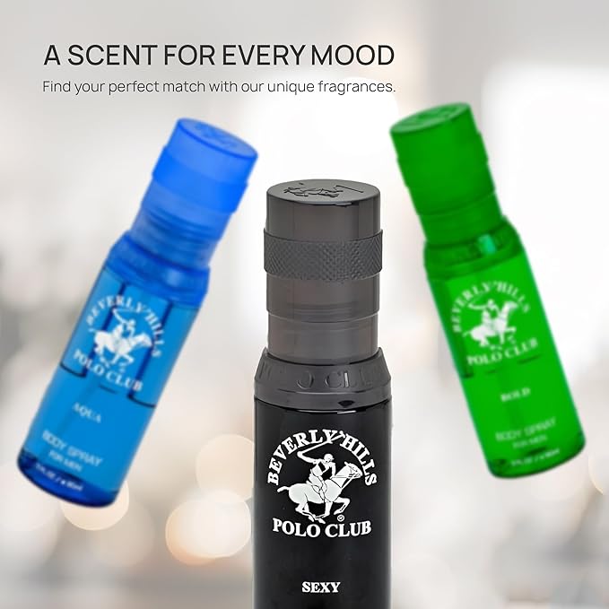Beverly Hills Polo Club Men's Body Spray Collection Gift Set - 3 Distinct Luxury Designer Scents for Elevated Daily Confidence & All-Day Freshness, 3 x 3 oz
