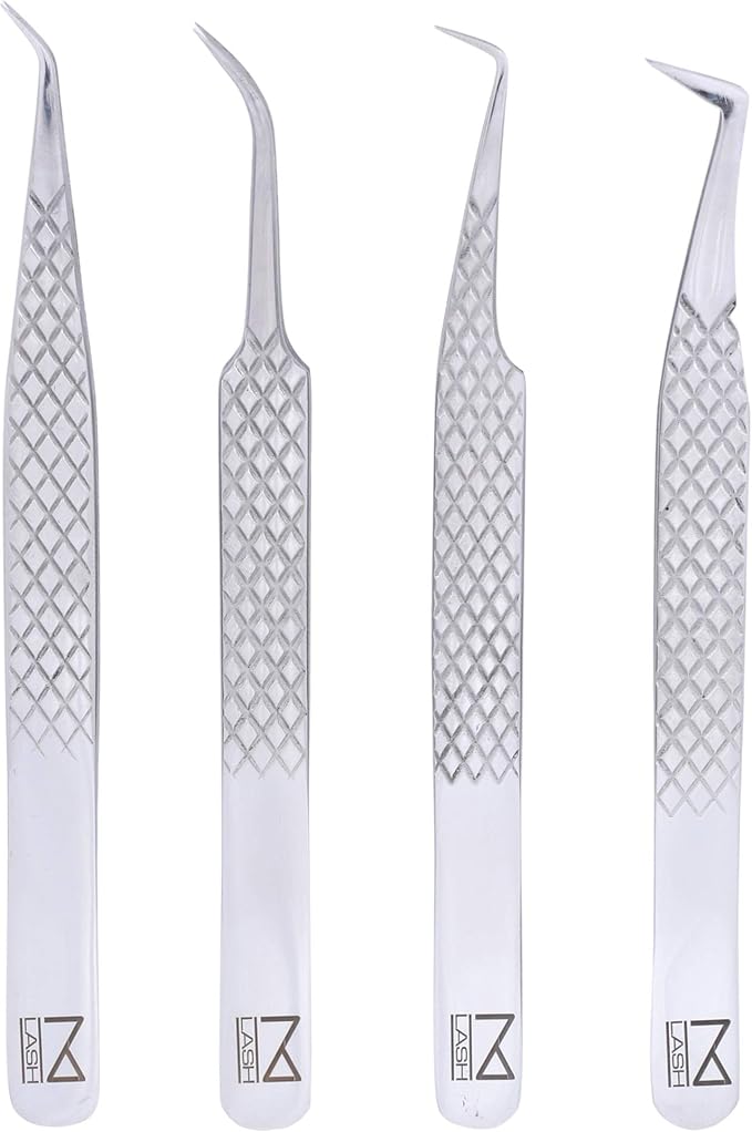 M LASH Tweezers for Eyelash Extensions (Set of 4) - Professional Lash Extension Tweezers - Fiber Tip, Japanese Steel, Diamond Grip Eyelash Extension Tweezer set (Silver)