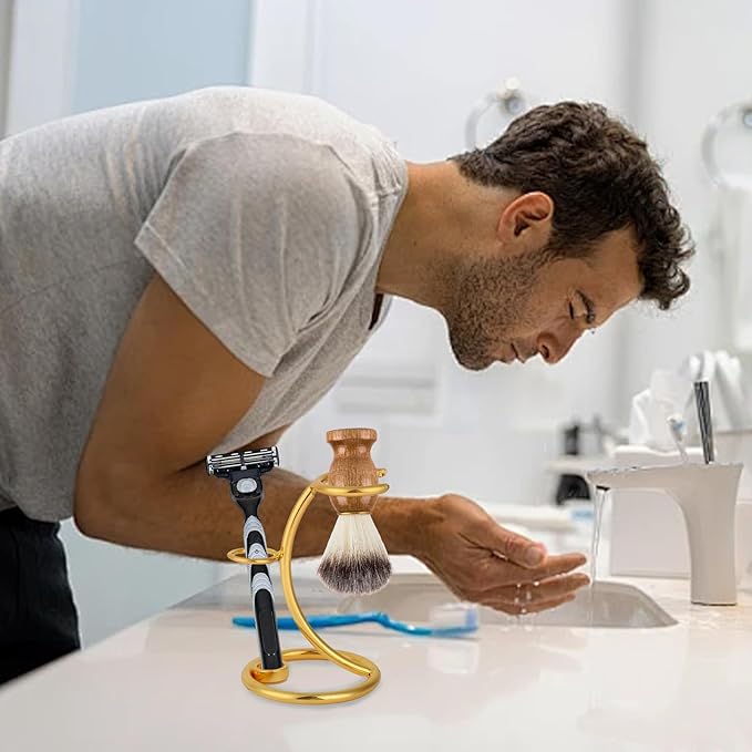 Safety Razors Stand with Brush Holder, Golden Heavy Duty Metal Shaving Brush Stand for Men, Extra Wide Openings, Fits Most Brushes and Razors Shaving