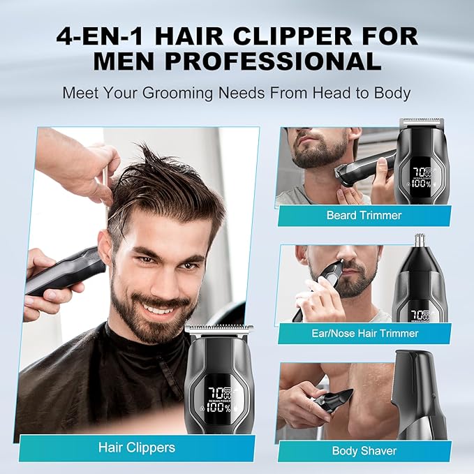 Beard Trimmer for Men - 14 in 1 Professional Mens Grooming Kits, Hair Clippers with Dual-Speed Motor for Beard Head Body Face Nose Ear Mustache Trimmer IPX7 Level LED Display 210 Min Electric Razor